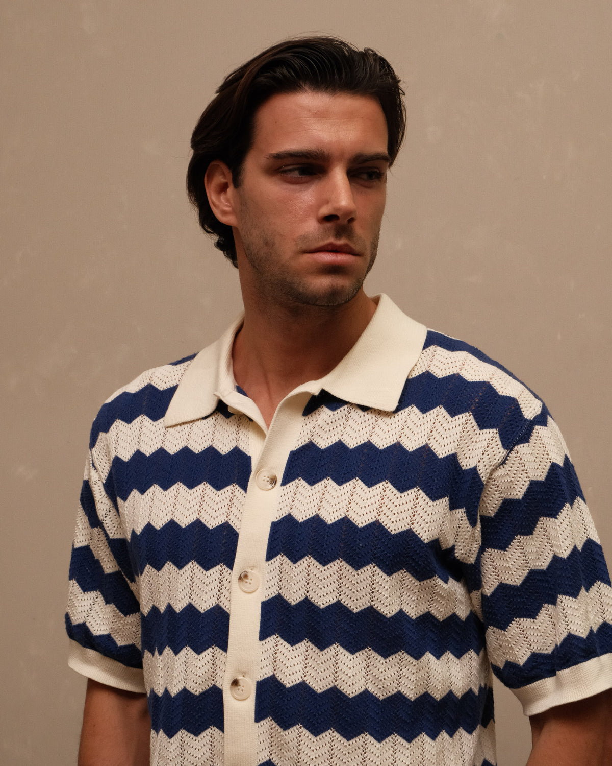 Knitted Shirt- Navy & Cream