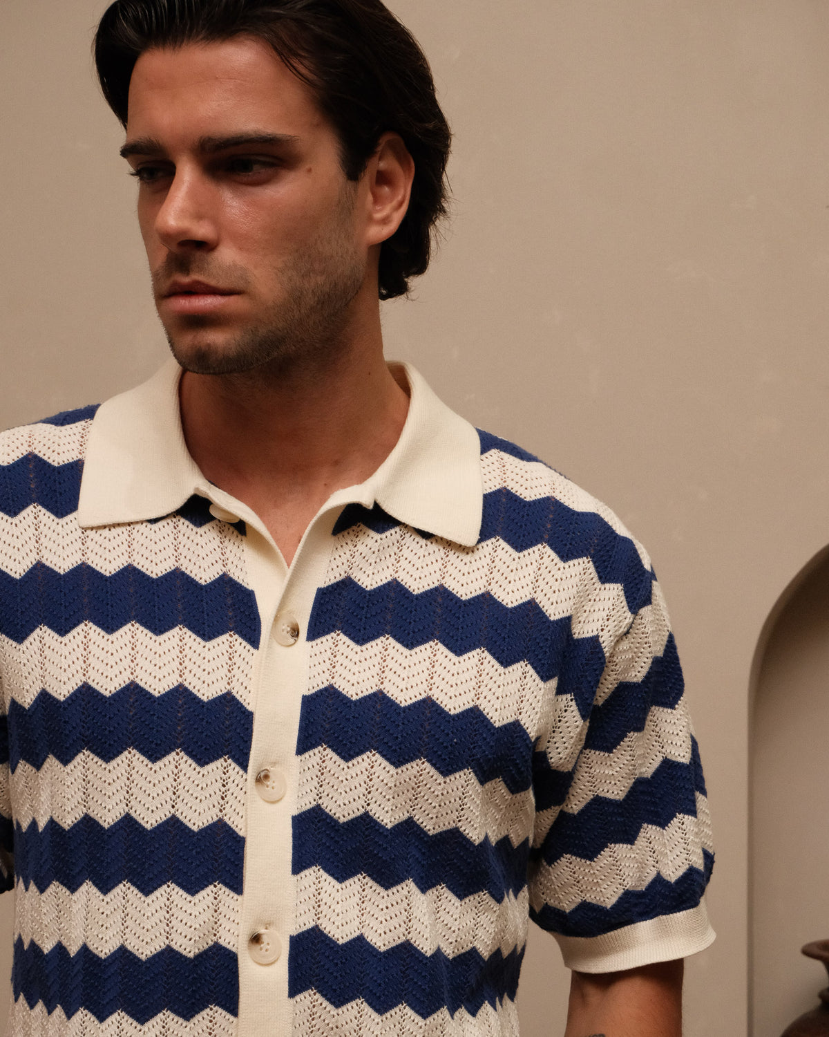 Knitted Shirt- Navy & Cream