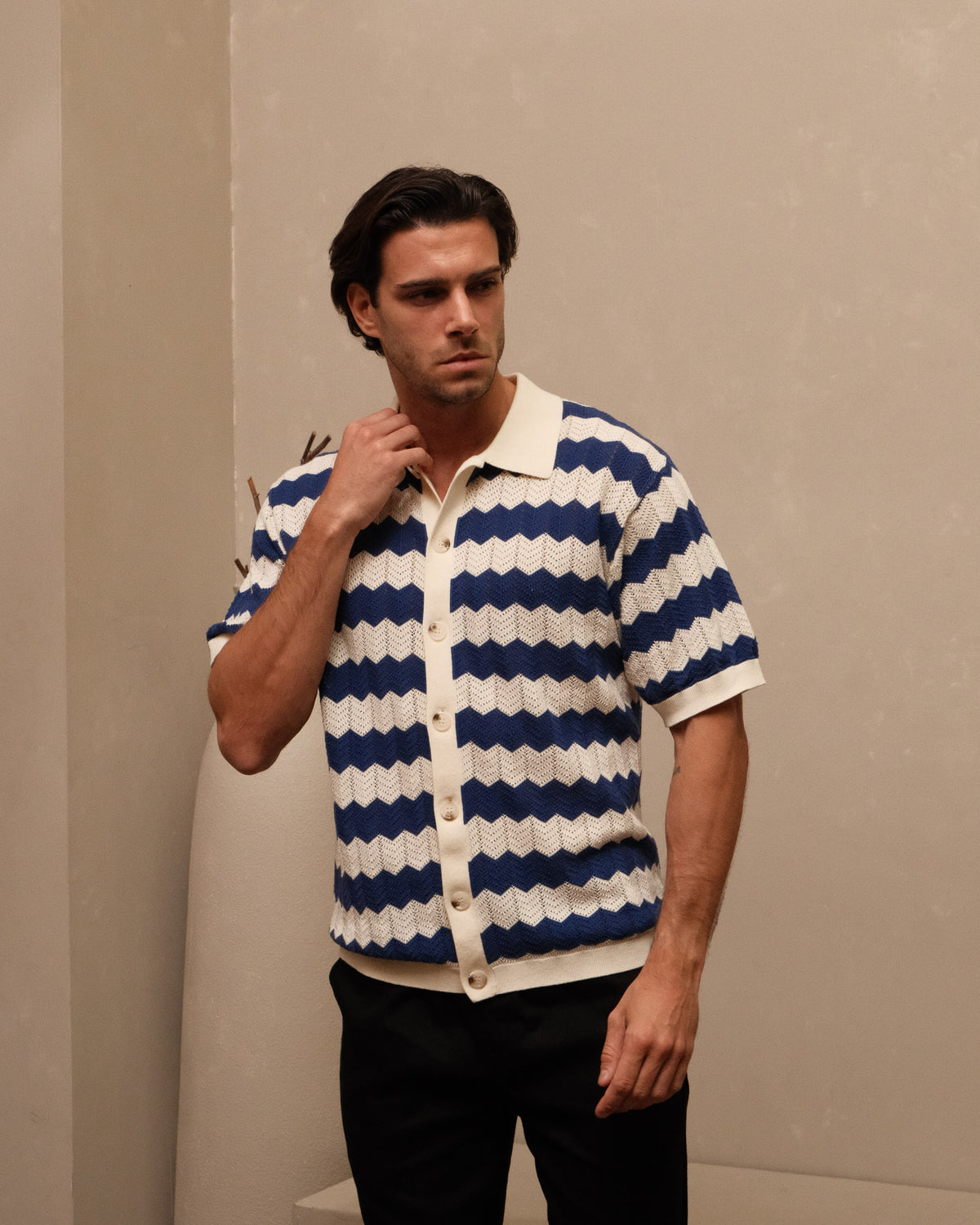 Knitted Shirt- Navy & Cream